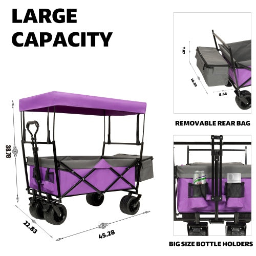 480Lbs Collapsible Wagon With Canopy,Wagon Stroller With 7 All-Terrain Wheels, Lightweight Foldable Wagon, Large Capacity For Camping, Shopping, Sports, And Garden Use,,purple With Mosquito Net