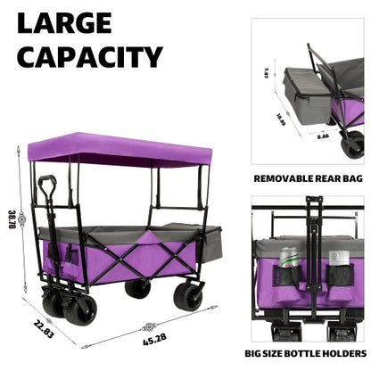 480Lbs Collapsible Wagon With Canopy,Wagon Stroller With 7 All-Terrain Wheels, Lightweight Foldable Wagon, Large Capacity For Camping, Shopping, Sports, And Garden Use,,purple With Mosquito Net