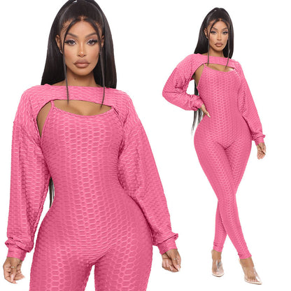 Jacquard Short Lantern Sleeve Top And Bottoming Suspenders Sports Suit