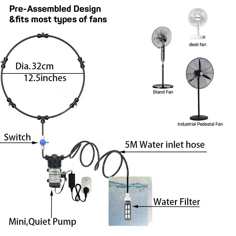 Free Shipping Portable Misting Kit For Fan with 5pcs Brass Sprinkler Nozzles and 1pc Mini Quiet Pump for Misting Cooling System