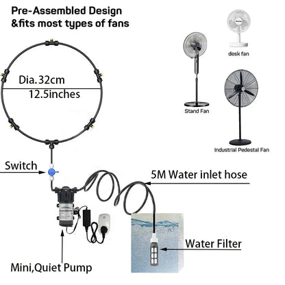 Free Shipping Portable Misting Kit For Fan with 5pcs Brass Sprinkler Nozzles and 1pc Mini Quiet Pump for Misting Cooling System