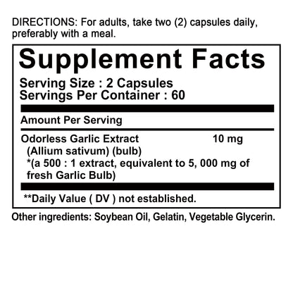 Garlic Oil Capsules - for Immune and Cardiovascular, Cholesterol Health, Enhances Immunity - 120 Capsules