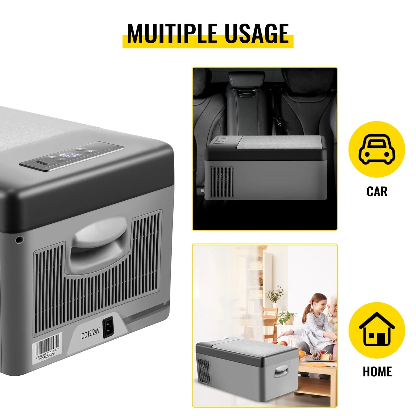 VEVOR 15L Mini Car Fridge Refrigerator Freezer 12V/24V DC 110-240V AC 45W Portable Cooler for Camping Picnic Boating Caravan Bar