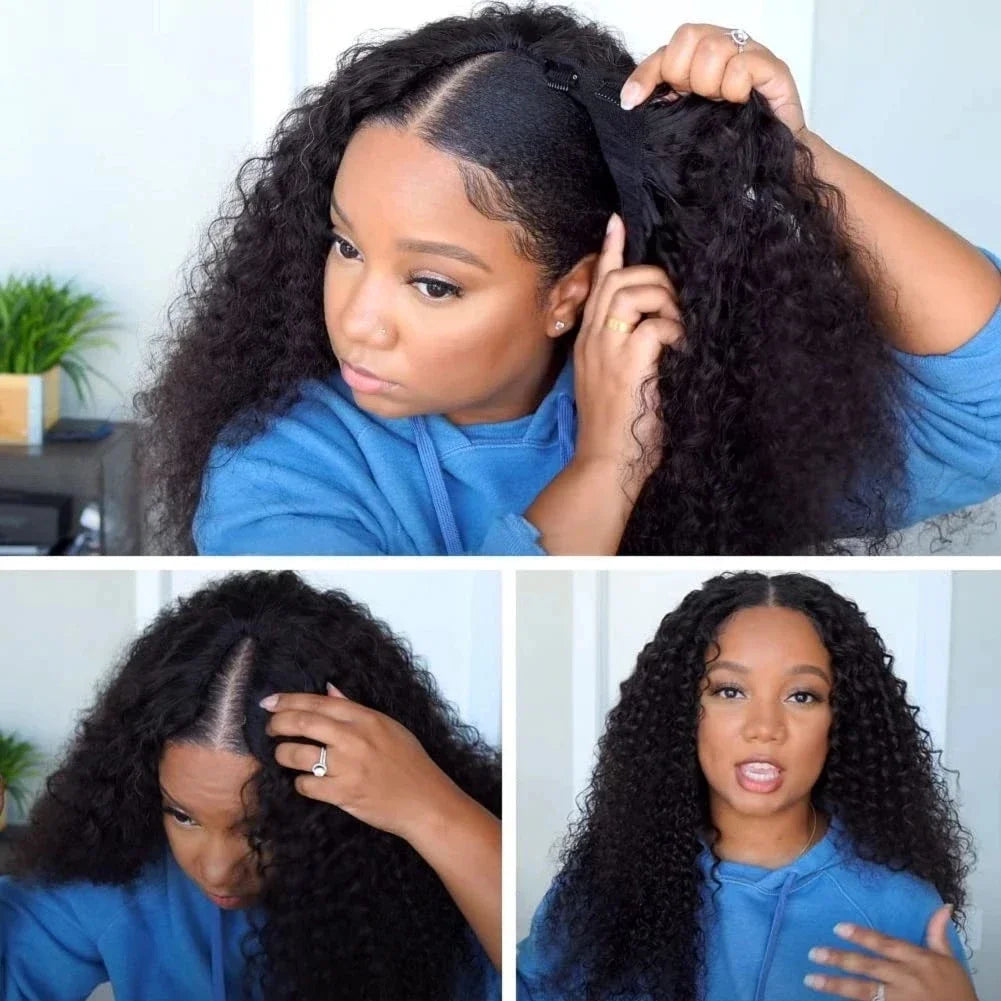 V Part Wig Human Hair Kinky Curly Brazilian Human Hair Clip in Glueless Wigs for Women Upgraded U Part Human Hair Wig 200%