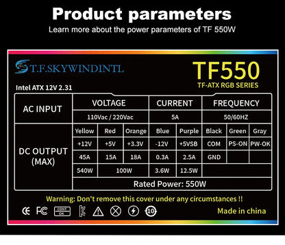 550W Power Supply Fully Modular PSU ARGB Gaming PC Power Supply 20+4Pin Connector with 120mm Low-Noise FDB Fan
