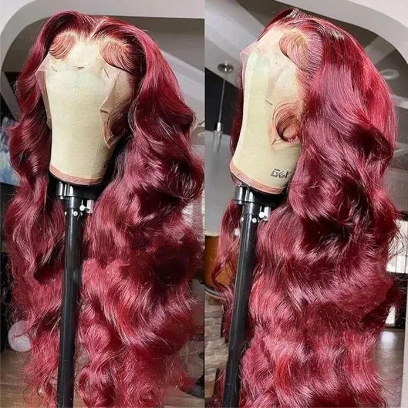 99j/Burgundy Body Wave Transparent Lace Frontal Human Hair Wigs 13x6 Lace Frontal 180% Density Wigs For Women With Baby Hair