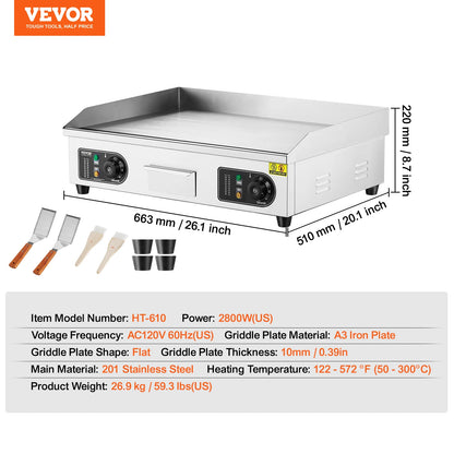 VEVOR 26/30 inch Commercial Electric Countertop Griddle Flat Top Griddle 2800W 122℉-572 ℉ Adjustable Temp for Home Restaurant