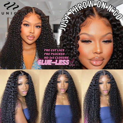Unice Hair Jerry Curly 5x5 HD Lace Closure Wig Pre Cut Pre Bleached Pre Plucked HD Lace Glueless Wig Human Hair Ready To Wear