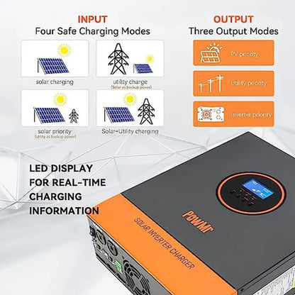 5000W Hybrid Solar Inverter Charger 48V DC 110V AC MPPT Controller LCD Display Short-Circuit Protection PV Input Smart Battery