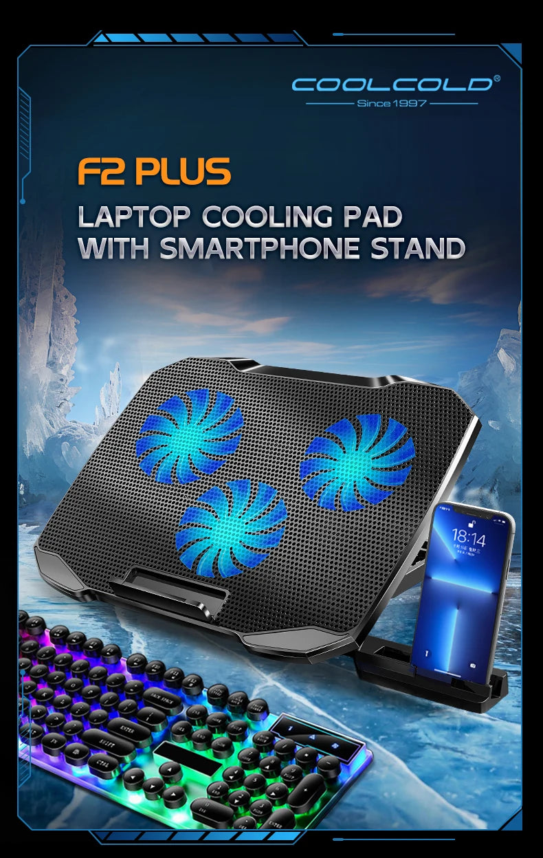 COOLCOLD Gaming Laptop Cooling Pad 3 Big Fans for 10-17 Inch Notebook, Laptop Cooler with 5 Height Adjustable, 2 USB Ports