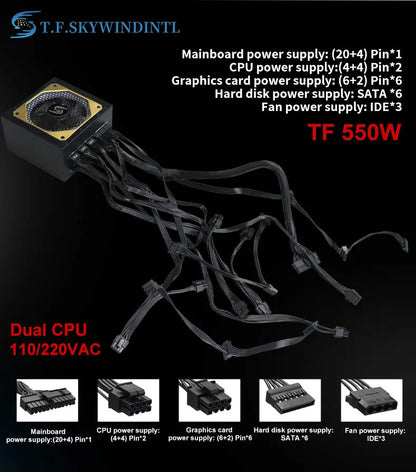 550W Power Supply Fully Modular PSU ARGB Gaming PC Power Supply 20+4Pin Connector with 120mm Low-Noise FDB Fan