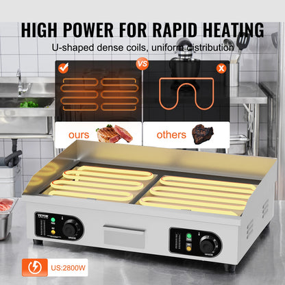 VEVOR 26/30 inch Commercial Electric Countertop Griddle Flat Top Griddle 2800W 122℉-572 ℉ Adjustable Temp for Home Restaurant