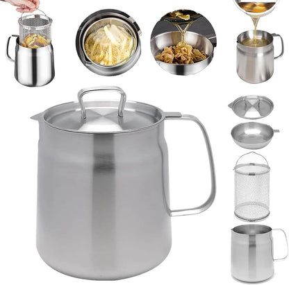 304 Stainl Steel Oil Kettle Pot Container With Fine Mesh , Leakage Net, Dust Cover Large Acity Oil Storage Can Grease Strainer