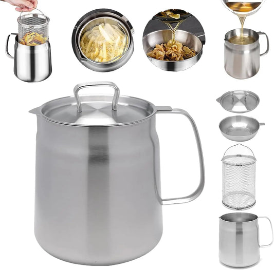 304 Stainl Steel Oil Kettle Pot Container With Fine Mesh , Leakage Net, Dust Cover Large Acity Oil Storage Can Grease Strainer