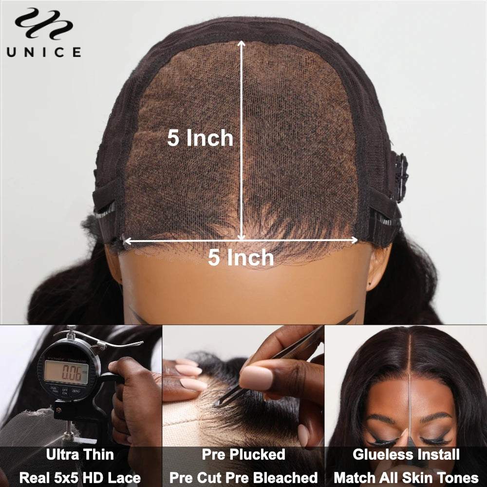 Unice Hair Jerry Curly 5x5 HD Lace Closure Wig Pre Cut Pre Bleached Pre Plucked HD Lace Glueless Wig Human Hair Ready To Wear