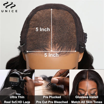 Unice Hair Jerry Curly 5x5 HD Lace Closure Wig Pre Cut Pre Bleached Pre Plucked HD Lace Glueless Wig Human Hair Ready To Wear