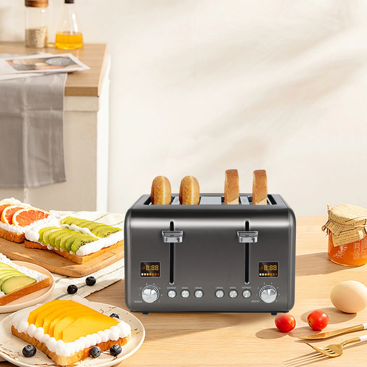 4 Slice Toaster,Stainless,Smart Control,7 Bread Shade Settings,1.4'' Wide Slots,4-in-1 Functions,Removable Crumb Tray,Grey,1800W