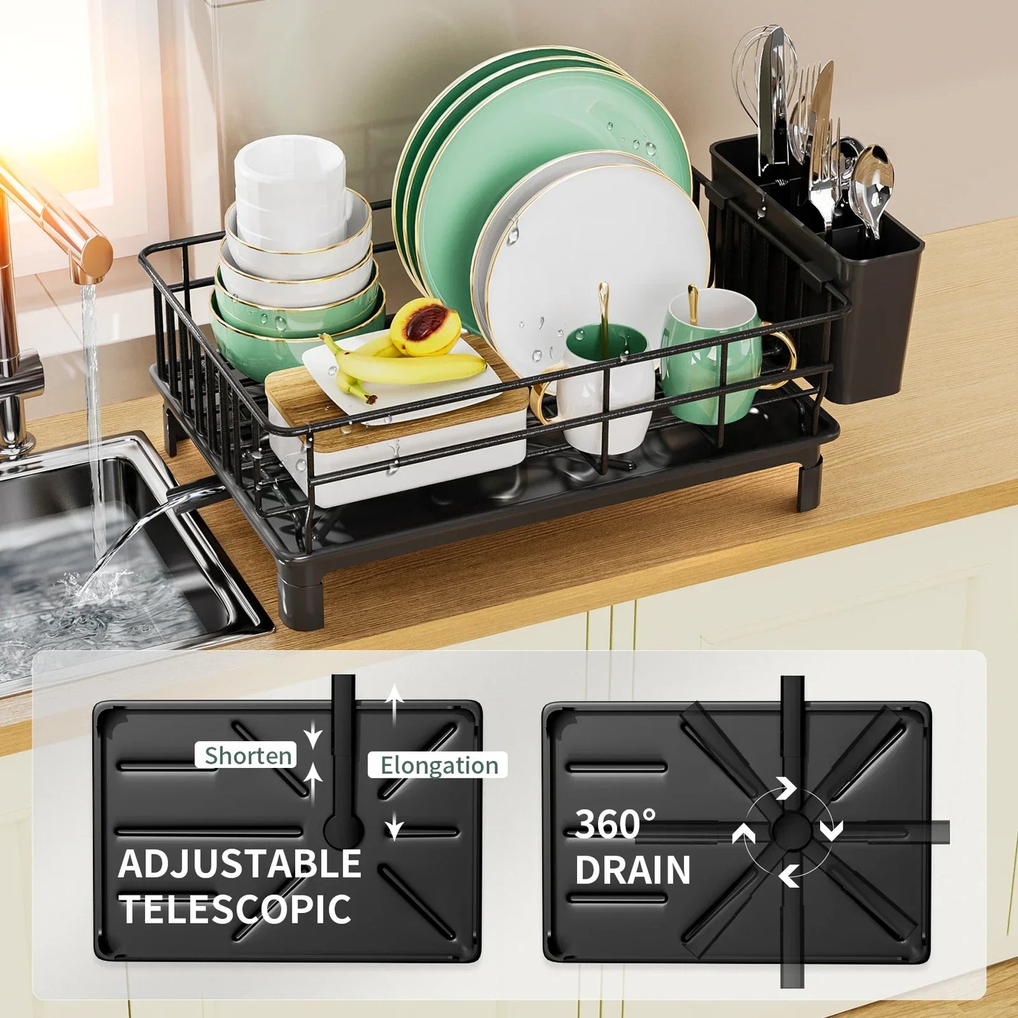 dish draining rack,Cutlery rack with drain tray and drip line,cup holder,cutlery holder,Kitchen countertop storage rack Strainer