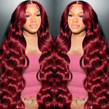 99j/Burgundy Body Wave Transparent Lace Frontal Human Hair Wigs 13x6 Lace Frontal 180% Density Wigs For Women With Baby Hair