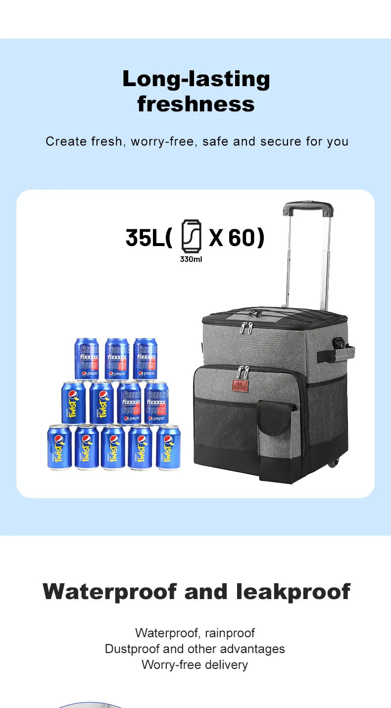 Camping Cooler Portable Insulated Cooler Bag with Wheels and Handle Ideal for Festivals Picnics Outdoor Camping Supply Accessory