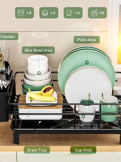 dish draining rack,Cutlery rack with drain tray and drip line,cup holder,cutlery holder,Kitchen countertop storage rack Strainer