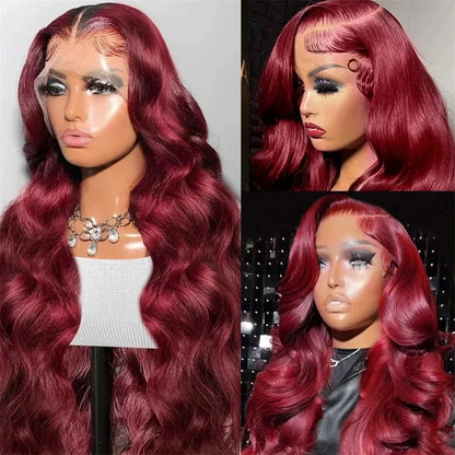 99j/Burgundy Body Wave Transparent Lace Frontal Human Hair Wigs 13x6 Lace Frontal 180% Density Wigs For Women With Baby Hair