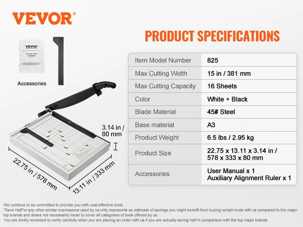 VEVOR Paper Cutter Guillotine Trimmer 15"/18" Cut Length 16/20 Sheets Capacity Heavy Duty Paper Cutter for Home Office School