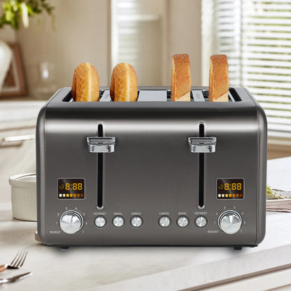 4 Slice Toaster,Stainless,Smart Control,7 Bread Shade Settings,1.4'' Wide Slots,4-in-1 Functions,Removable Crumb Tray,Grey,1800W