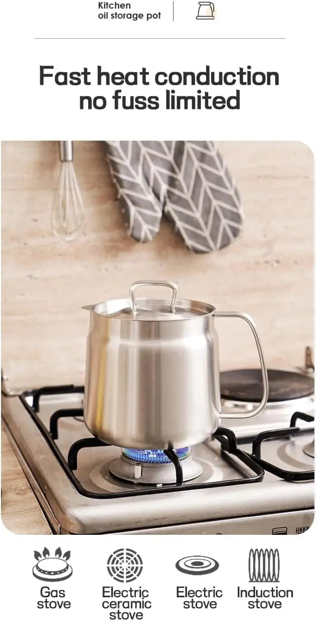 304 Stainl Steel Oil Kettle Pot Container With Fine Mesh , Leakage Net, Dust Cover Large Acity Oil Storage Can Grease Strainer
