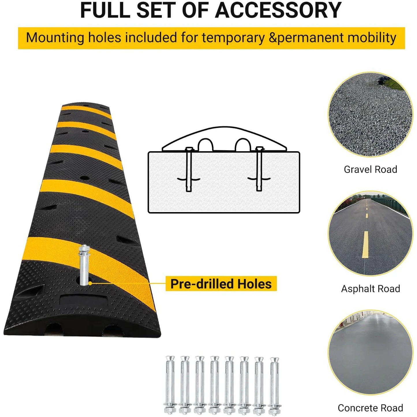 6FT*2 Speed Humps With 8 Bolt, Rubber Speed Bump, Speed Bumps For Road, For Parking Lot, School, Warehouse, Rated 66000 Lbs