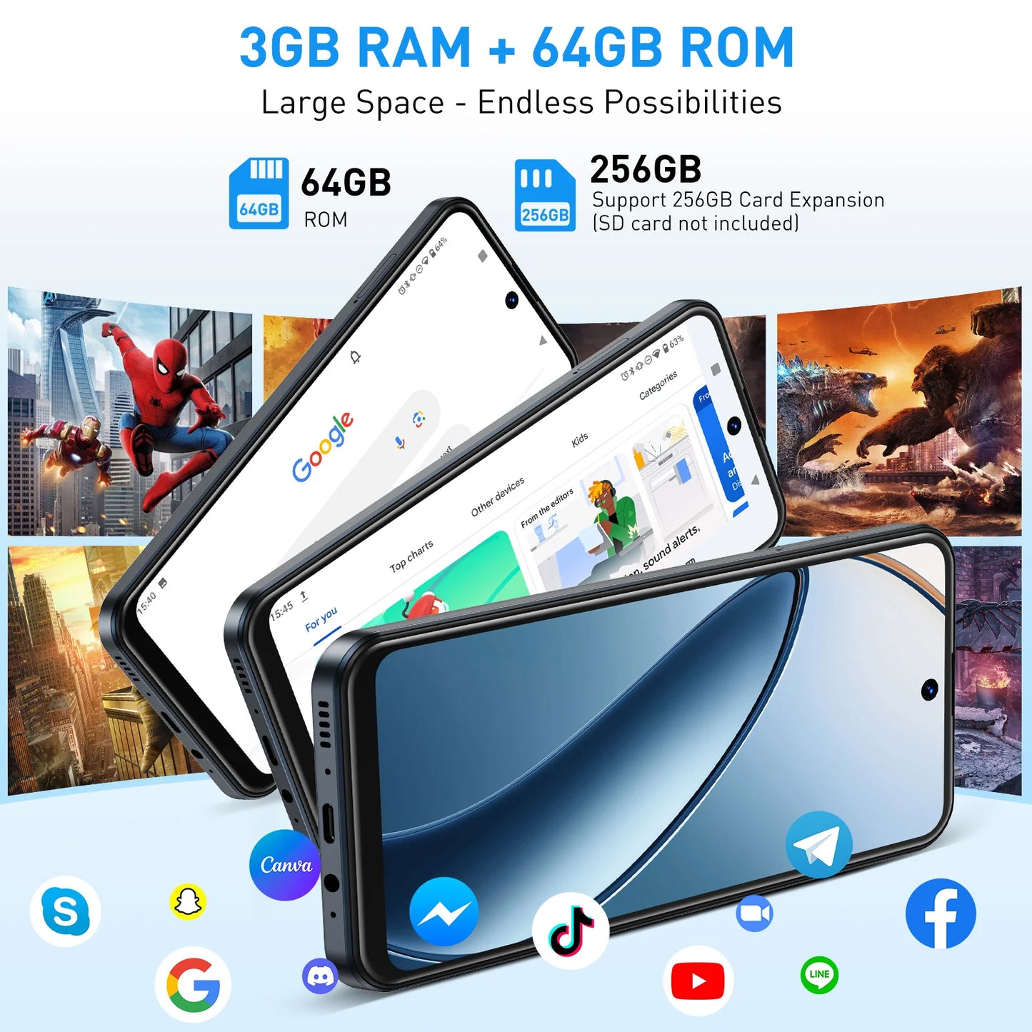 XGODY 2025 New Smartphone Android,6.5 inch,3+64GB ROM,4250mAh,8+13MP Camera,Dual SIM 4Core,Mobile phones,4G Network,with Charger