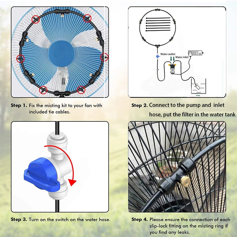Free Shipping Portable Misting Kit For Fan with 5pcs Brass Sprinkler Nozzles and 1pc Mini Quiet Pump for Misting Cooling System