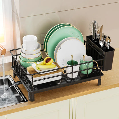 dish draining rack,Cutlery rack with drain tray and drip line,cup holder,cutlery holder,Kitchen countertop storage rack Strainer