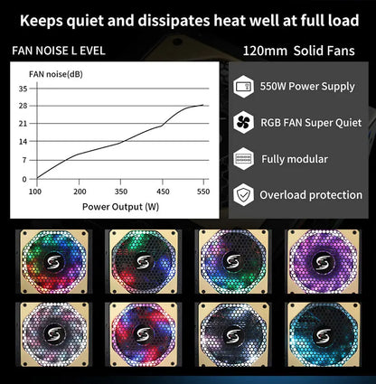 550W Power Supply Fully Modular PSU ARGB Gaming PC Power Supply 20+4Pin Connector with 120mm Low-Noise FDB Fan