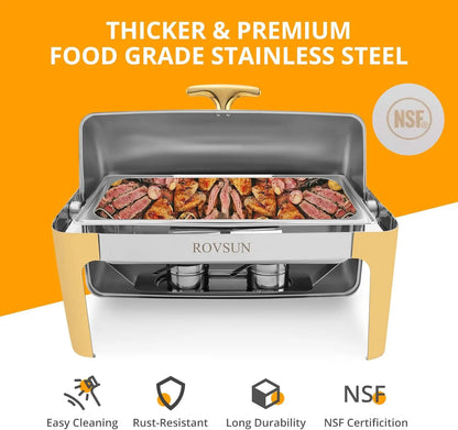 Rovsun 3 Packs Roll Top Chafing Dish Buffet Set Gold Accent,Nsf 9 Quart Rectangular Stainless Steel Chafer, Buffet Servers And