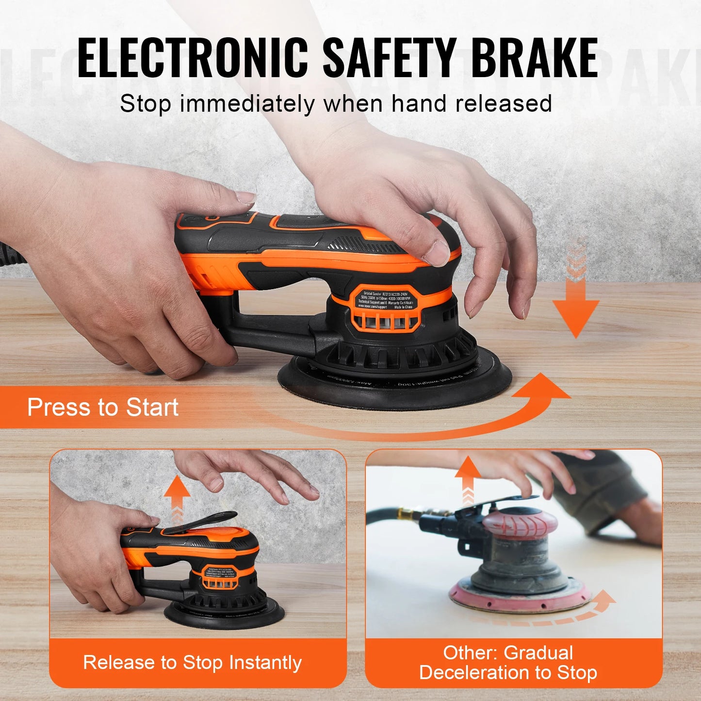 VEVOR Random Orbital Sander 350W Brushless 10000 PRM 6 Variable Speed Electric Orbital Sander for Woodworking Detailing Sanding