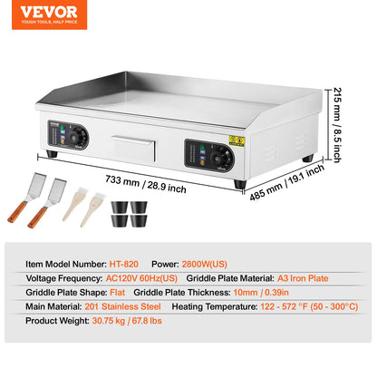 VEVOR 26/30 inch Commercial Electric Countertop Griddle Flat Top Griddle 2800W 122℉-572 ℉ Adjustable Temp for Home Restaurant