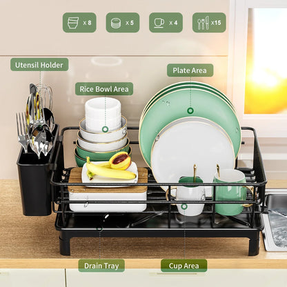 dish draining rack,Cutlery rack with drain tray and drip line,cup holder,cutlery holder,Kitchen countertop storage rack Strainer