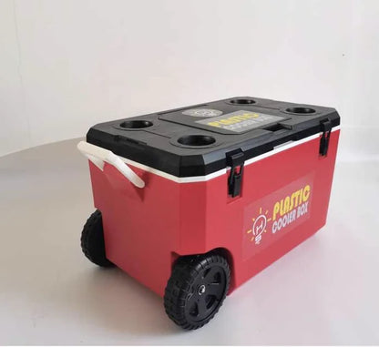 plastic cooler New Design 50L Hard Ice Cooler Box with logo promotion game cooler with big wheels rolling box