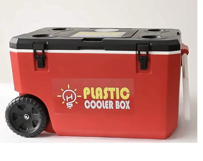 plastic cooler New Design 50L Hard Ice Cooler Box with logo promotion game cooler with big wheels rolling box
