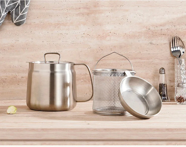 304 Stainless Steel Oil Filter Pot with Lid Deep Fryer Pasta Strainer Basket Chicken Fried Food Strainer Household Kitchen Tools