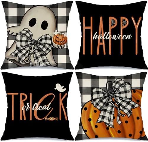 Halloween Decorations Pillow Covers 18x18 Set Of 4 Spooky Pumpkin Throw Pillow Covers Indoor Outdoor Buffalo Plaid Fall Decorative Pillow Covers Trick Or Treat Cushion Cases For Sofa Couch