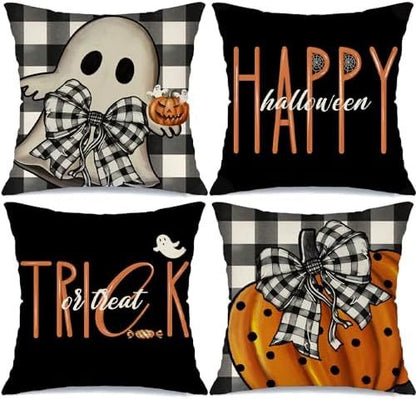 Halloween Decorations Pillow Covers 18x18 Set Of 4 Spooky Pumpkin Throw Pillow Covers Indoor Outdoor Buffalo Plaid Fall Decorative Pillow Covers Trick Or Treat Cushion Cases For Sofa Couch