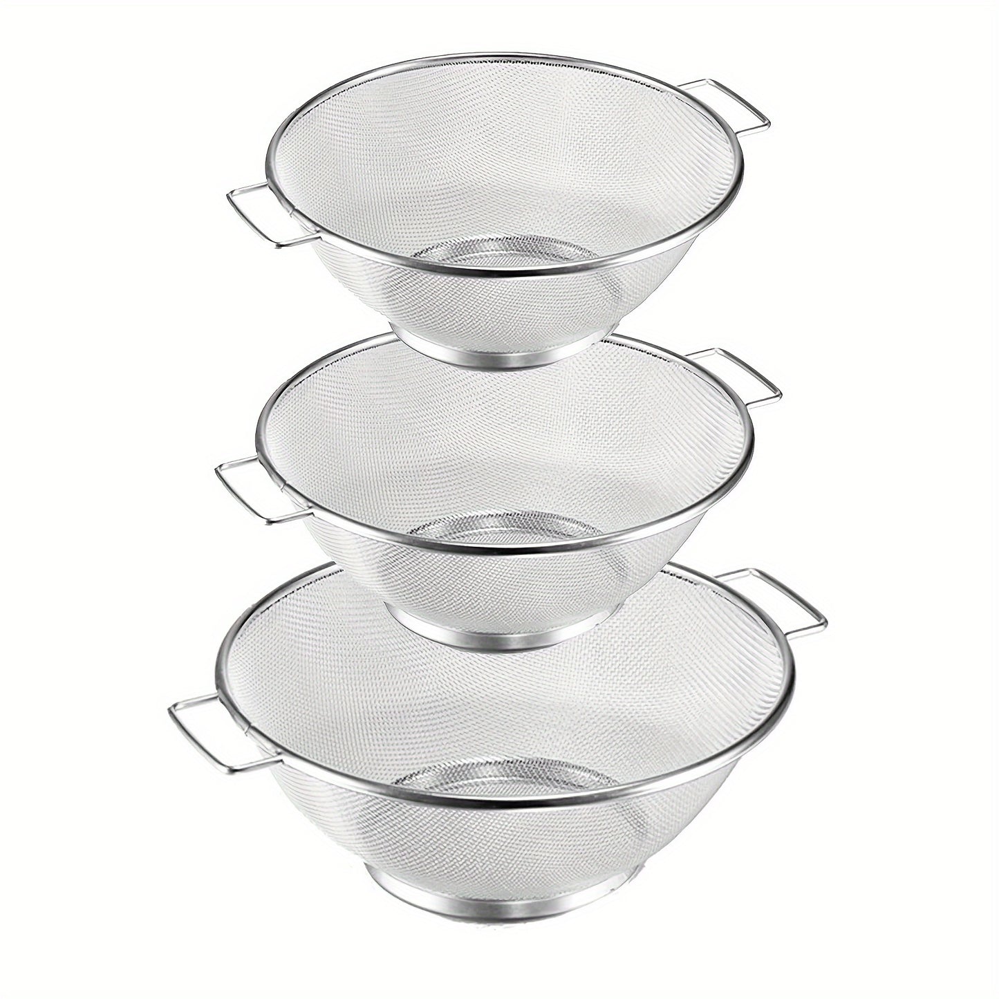 3pcs, Stainless Steel Drain Basket, Metal Colanders With Handle, Fine Mesh Colander, Colander Strainer For Kitchen Pasta, Vegetable, Rice, Fruit, Food, Kitchen Rice Washing Basin, Kitchen Accessaries Kitchen Accessories