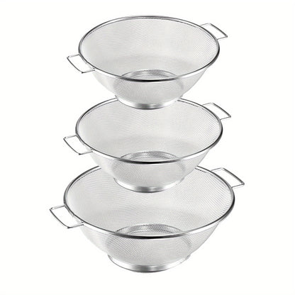 3pcs, Stainless Steel Drain Basket, Metal Colanders With Handle, Fine Mesh Colander, Colander Strainer For Kitchen Pasta, Vegetable, Rice, Fruit, Food, Kitchen Rice Washing Basin, Kitchen Accessaries Kitchen Accessories