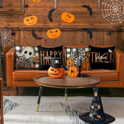 Halloween Decorations Pillow Covers 18x18 Set Of 4 Spooky Pumpkin Throw Pillow Covers Indoor Outdoor Buffalo Plaid Fall Decorative Pillow Covers Trick Or Treat Cushion Cases For Sofa Couch