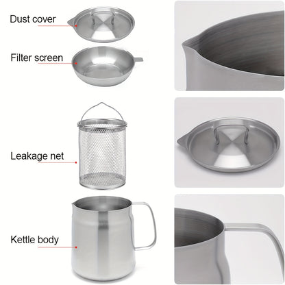 1pc, 304 Stainless Steel Oil Filter Pot with Mesh Strainer, Large Capacity, Leak-Proof, Dust Cover for Frying and Filtering