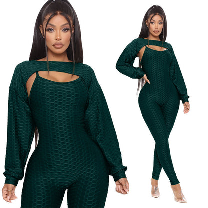 Jacquard Short Lantern Sleeve Top And Bottoming Suspenders Sports Suit