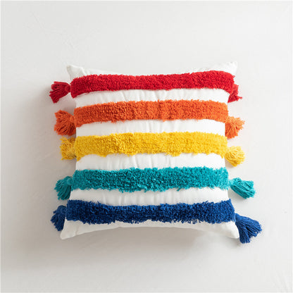Bag Haircut Moroccan Style Cotton Canvas Tufted Rainbow Geometric Stripe Pillowcase Model Home Sofa Cushion Cover