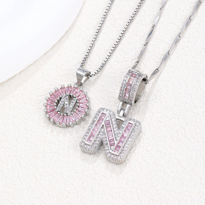 Rock Sugar 26-letter Pendant Necklace For Women, Copper Inlaid Zircon Round Flower Jewelry Set